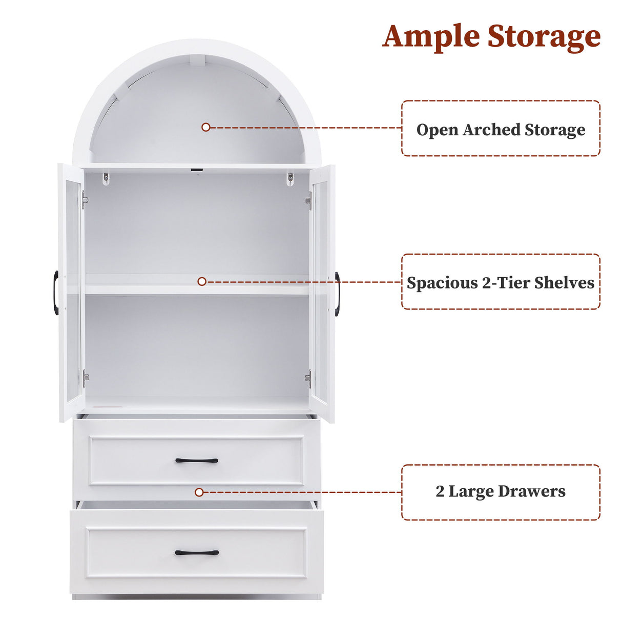 Arched Top Storage Cabinet With Fixed 2 Tier Shelves, 2 Large Drawers