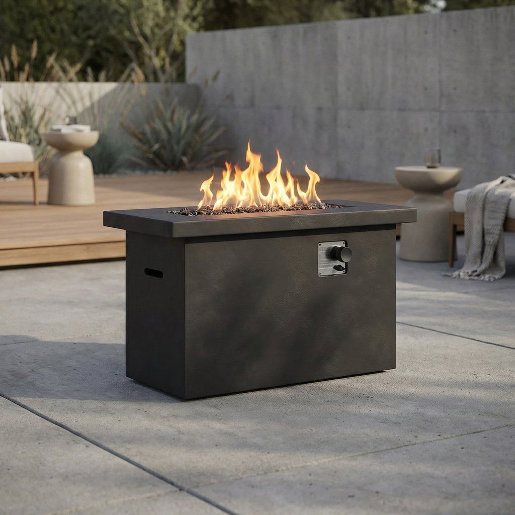 Propane Gas Outdoor Fire Pit Table Weather Resistant Cement 42x24in