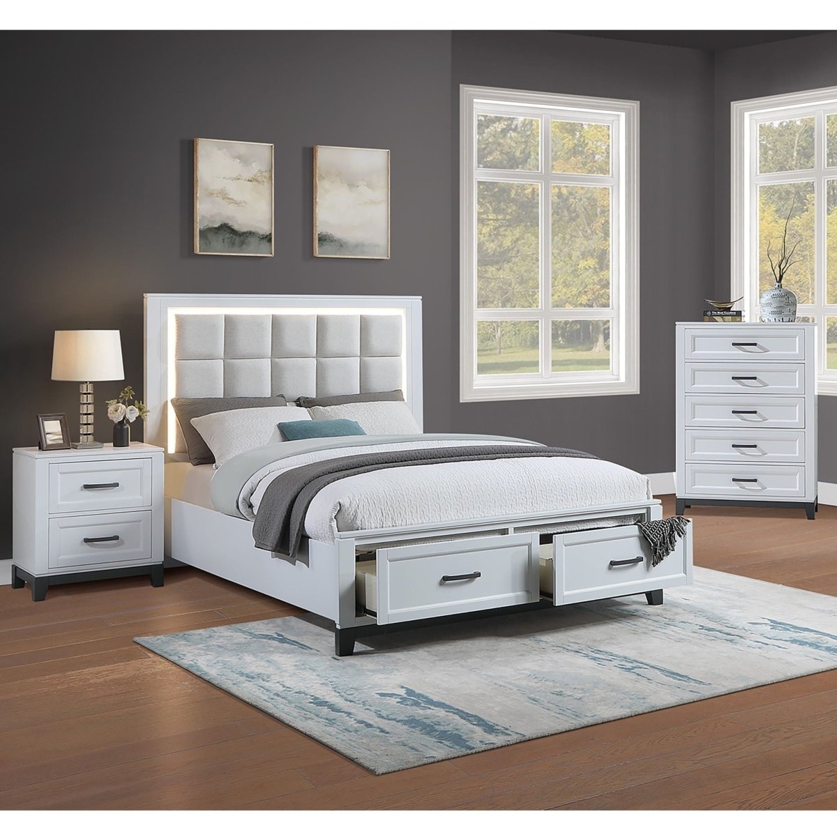 Bedroom Set, Bed With Drawers And Upholstered Headboard LED Lighting - 3 Piece Bedroom Sets available at Alpine Outlets in Denver