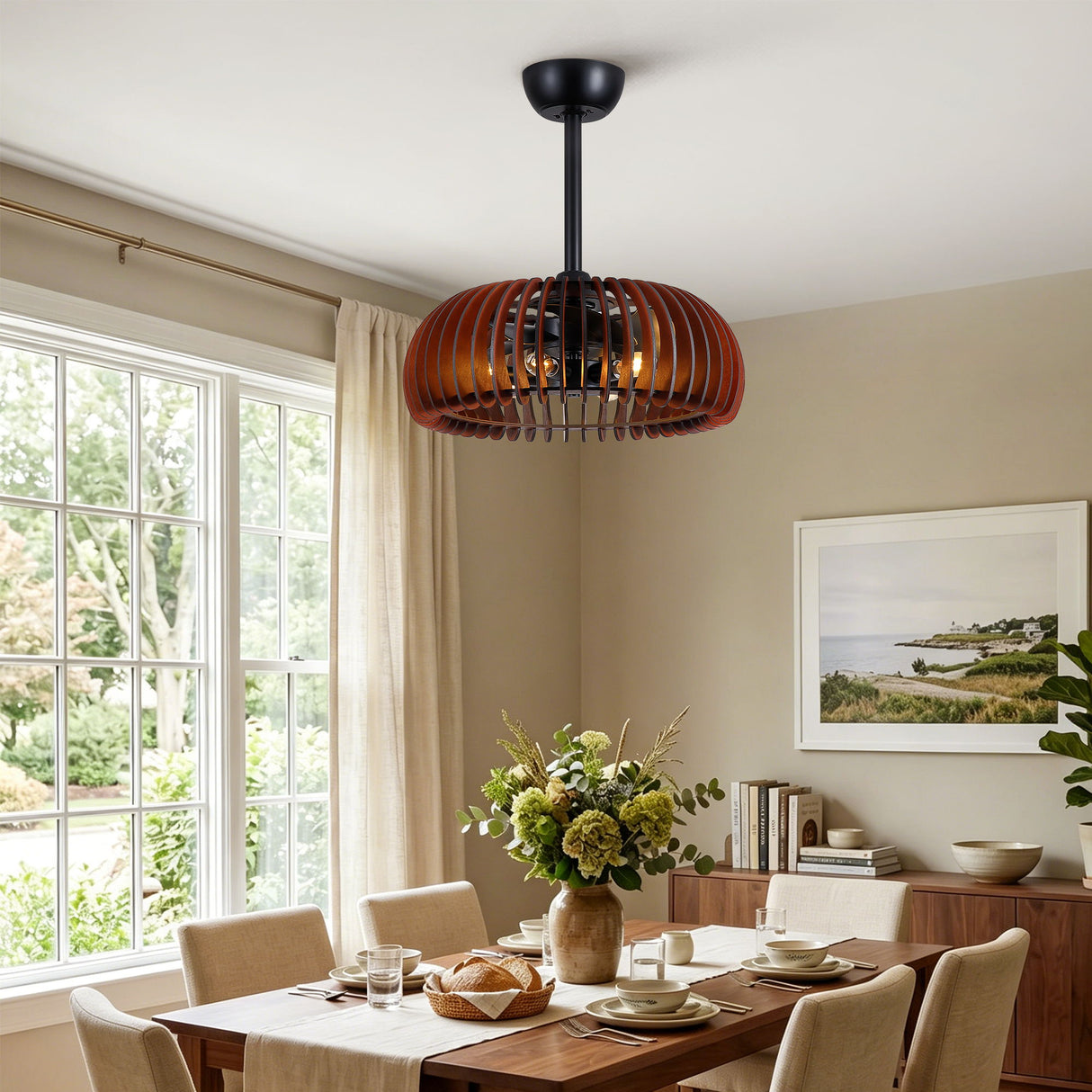 Pumpkin Ceiling Fan, Fandelier With 6 E12 Sockets, Reversible DC Motor, Adjustable Hanging, 6 Speeds Remote Control - Black