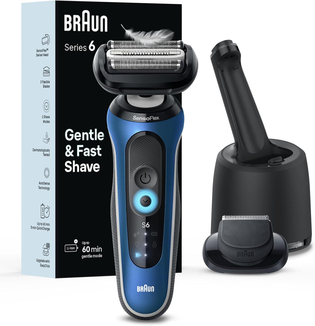 Braun Series 6 6175cc blue shaver with SmartCare Center, beard trimmer and packaging