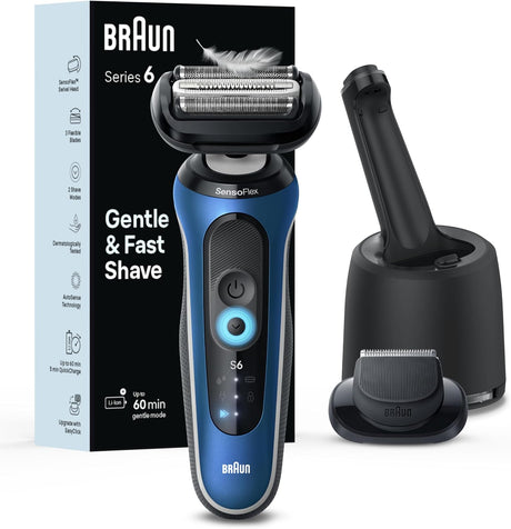 Braun Series 6 6175cc blue shaver with SmartCare Center, beard trimmer and packaging
