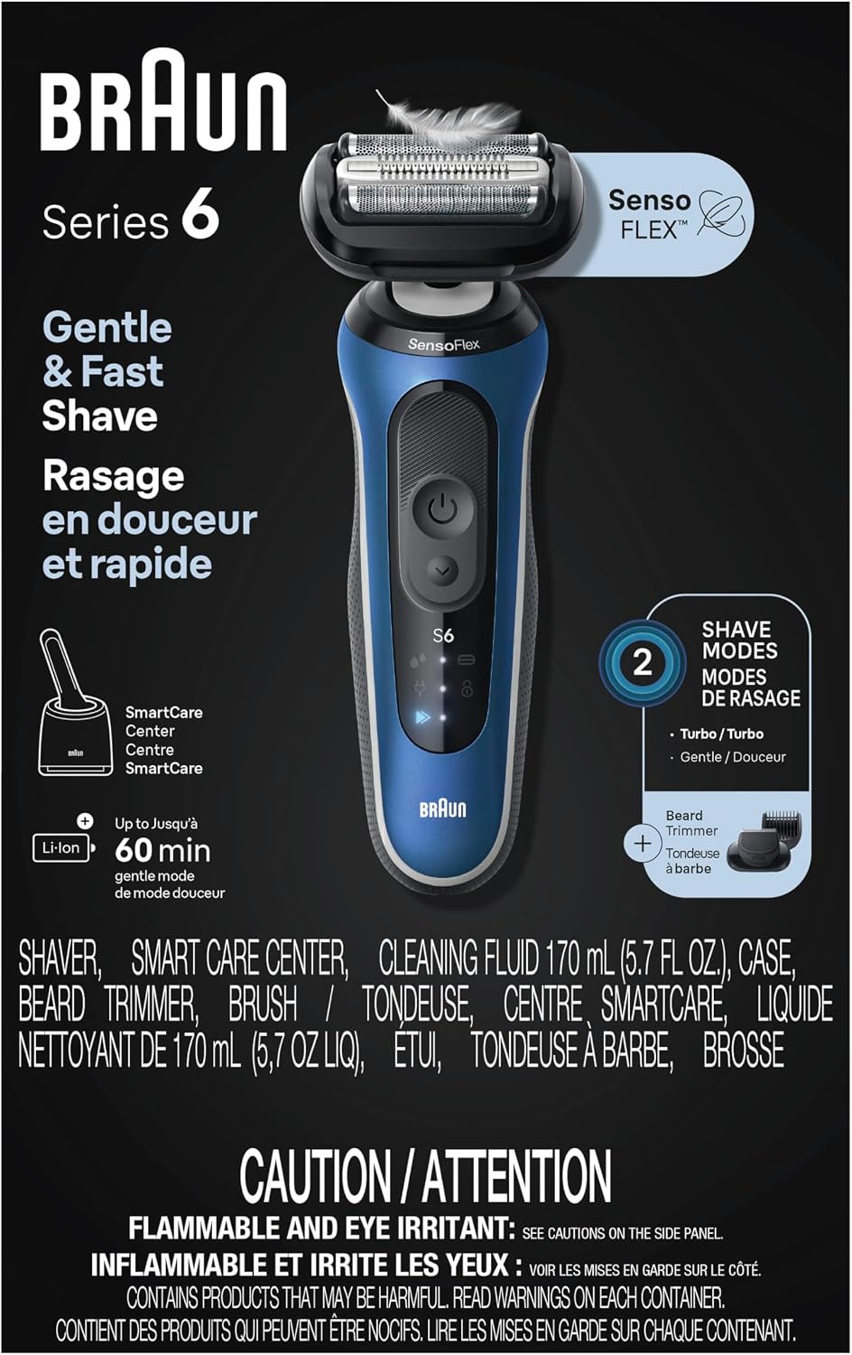 Braun Series 6 6175cc bilingual kit packaging listing cleaning fluid and accessories