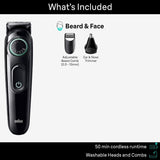 Braun AIO3430 kit with 0.5–10 mm adjustable beard comb and ear and nose attachment