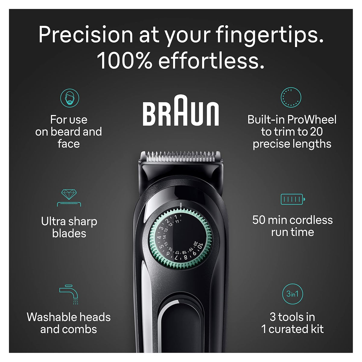Braun AIO3430 Series 3 trimmer features, 20 length settings and 50-minute runtime