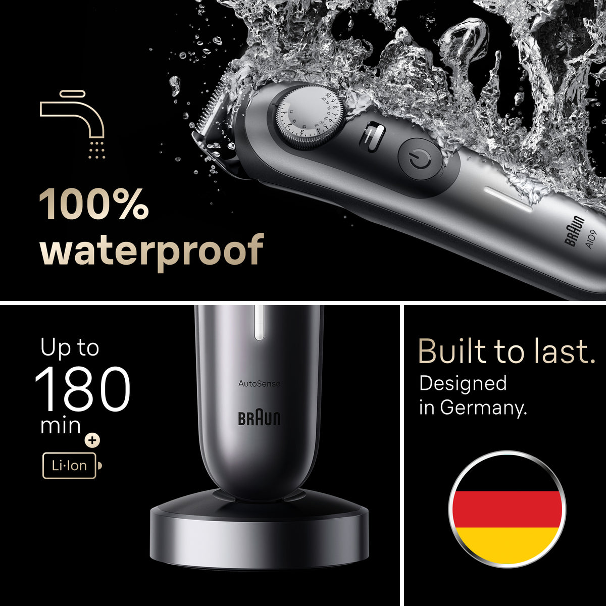 Braun AIO9430 waterproof design and up to 180 minutes runtime