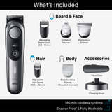 Braun AIO9430 8-in-1 kit contents, travel case and charging stand
