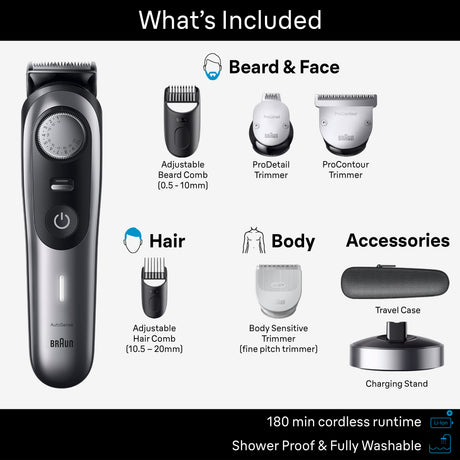 Braun AIO9430 8-in-1 kit contents, travel case and charging stand