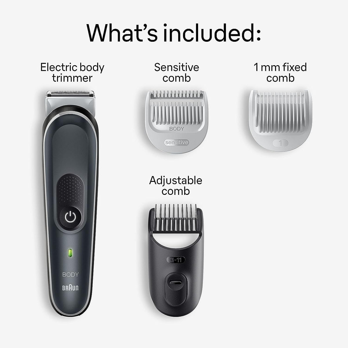 Braun BG5340 body groomer with sensitive comb, 1 mm fixed comb and 3–11 mm adjustable comb