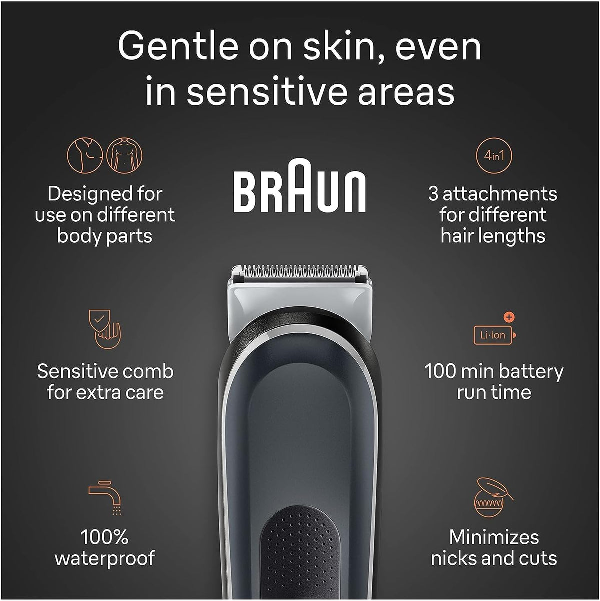 Braun BG5340 waterproof body groomer features and 100-minute battery runtime