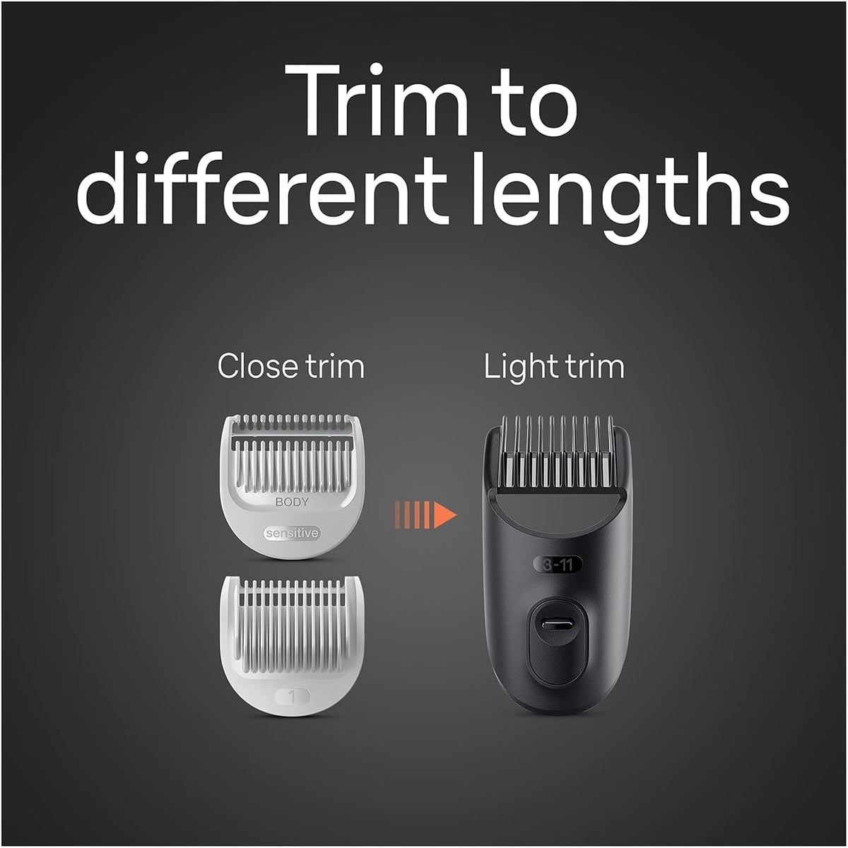 Braun BG5340 sensitive comb, 1 mm fixed comb and adjustable 3–11 mm comb