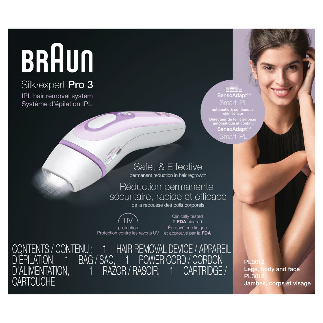 Braun PL3012 retail packaging showing the white and lilac kit and included accessories
