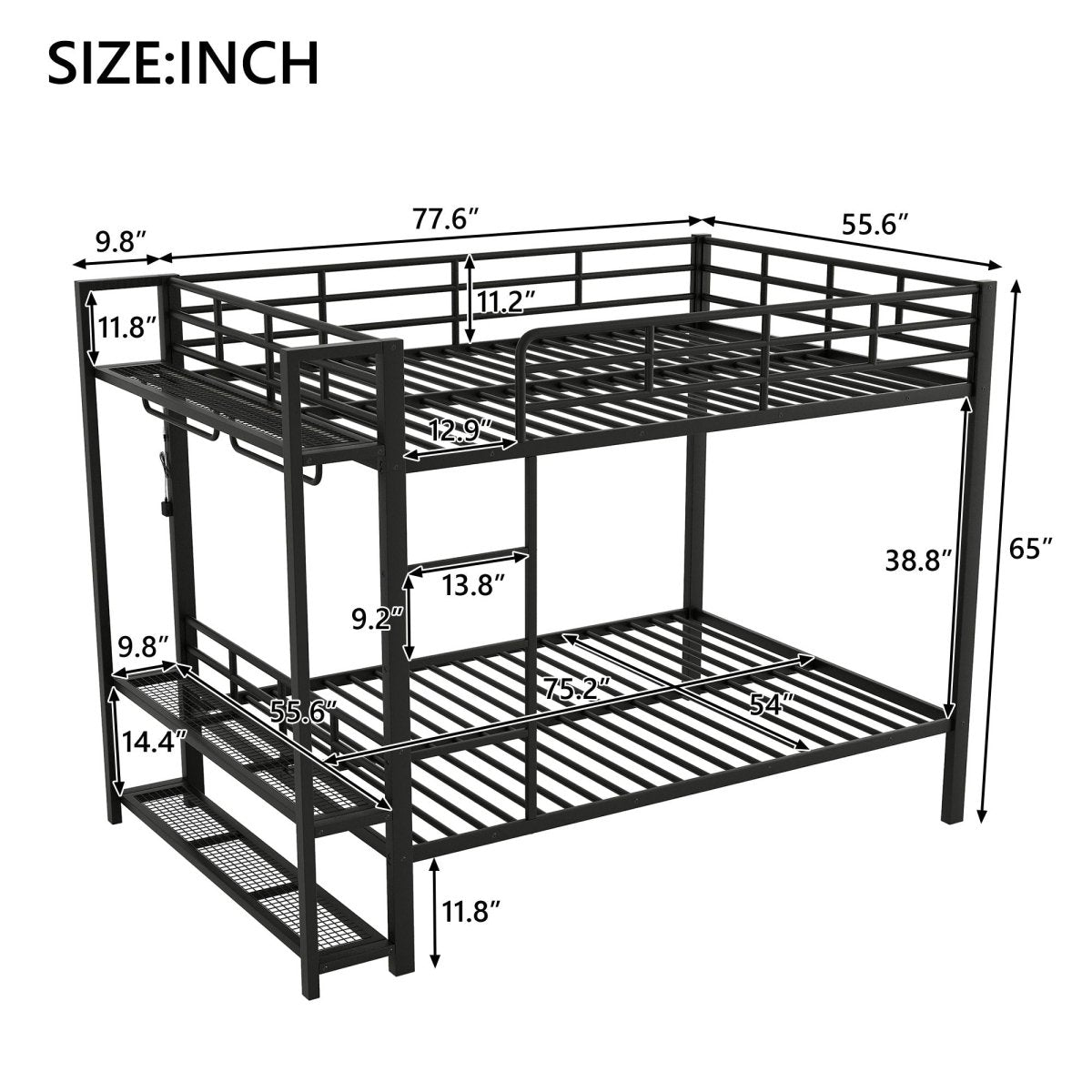 Bunk Bed With Storage Shelves, Clothes Hooks, LED Light - Bunk Beds available at Alpine Outlets in Denver