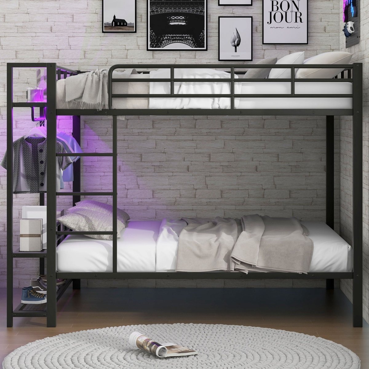 Bunk Bed With Storage Shelves, Clothes Hooks, LED Light - Bunk Beds available at Alpine Outlets in Denver