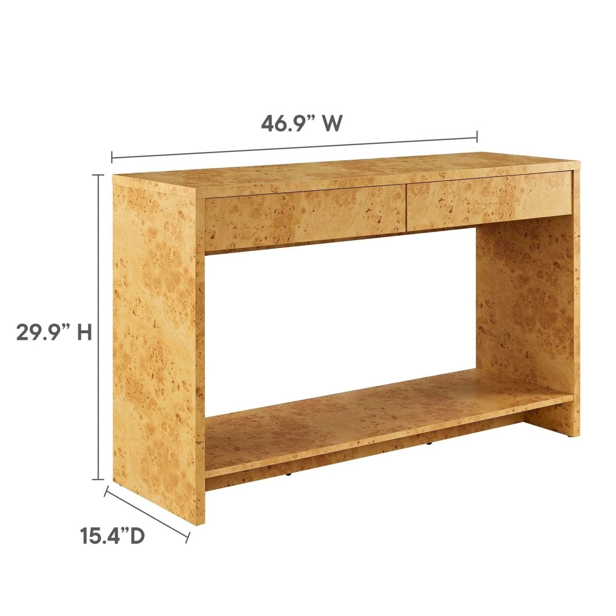 Burl Wood Console Table with 2 Drawers and Shelf – 47 Inch - Ottomans available at Alpine Outlets in Denver