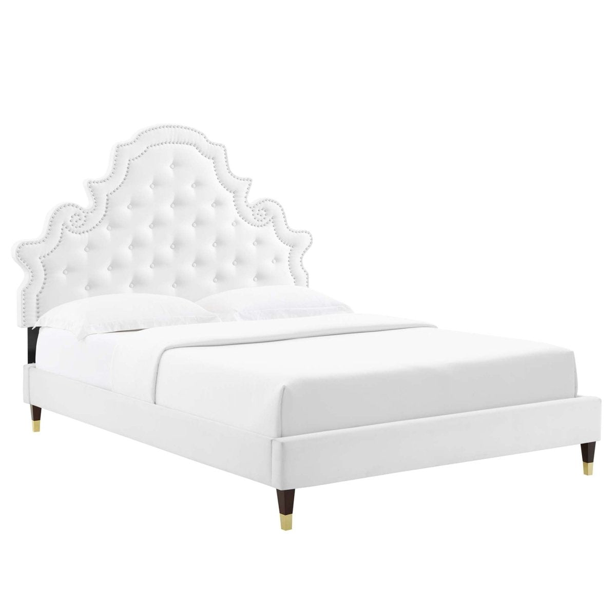 Button Tufted Performance Velvet Platform Bed with Nailhead Trim and Gold Detail - Platform Bed available at Alpine Outlets in Denver