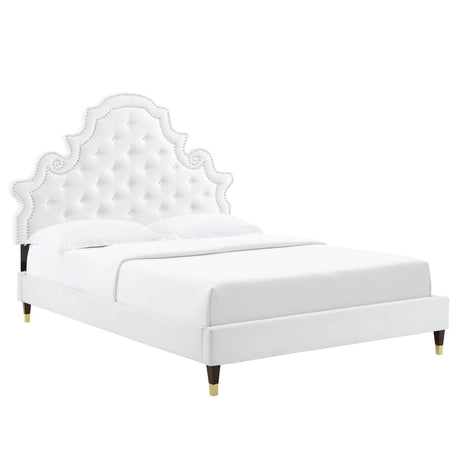 Button Tufted Performance Velvet Platform Bed with Nailhead Trim and Gold Detail - Platform Bed available at Alpine Outlets in Denver
