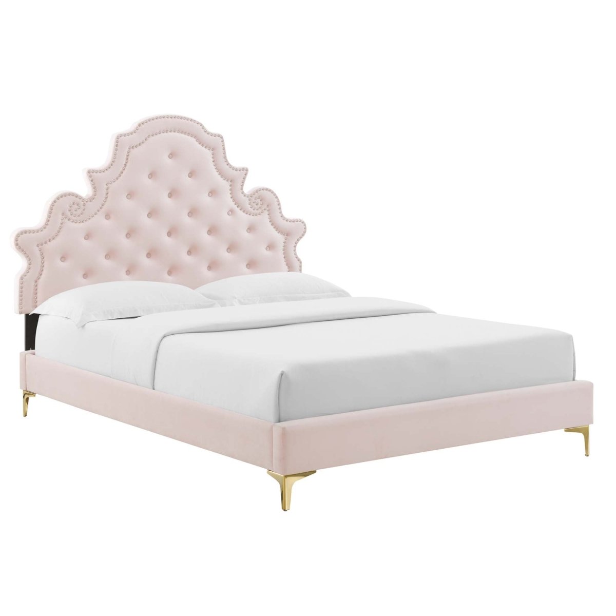 Button Tufted Performance Velvet Platform Bed with Nailhead Trim and Gold Metal Legs - Platform Bed available at Alpine Outlets in Denver