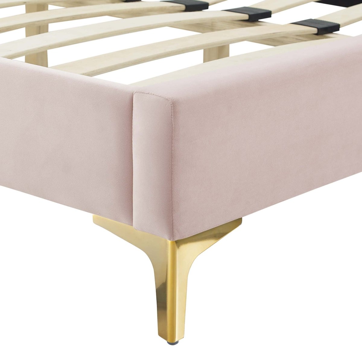 Button Tufted Performance Velvet Platform Bed with Nailhead Trim and Gold Metal Legs - Platform Bed available at Alpine Outlets in Denver