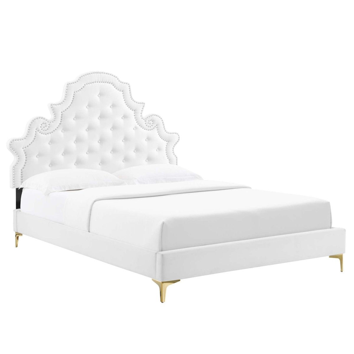Button Tufted Performance Velvet Platform Bed with Nailhead Trim and Gold Metal Legs - Platform Bed available at Alpine Outlets in Denver