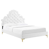 Button Tufted Performance Velvet Platform Bed with Nailhead Trim and Gold Metal Legs - Platform Bed available at Alpine Outlets in Denver
