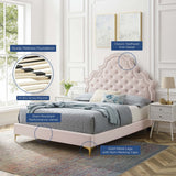 Button Tufted Performance Velvet Platform Bed with Nailhead Trim and Gold Metal Legs - Platform Bed available at Alpine Outlets in Denver