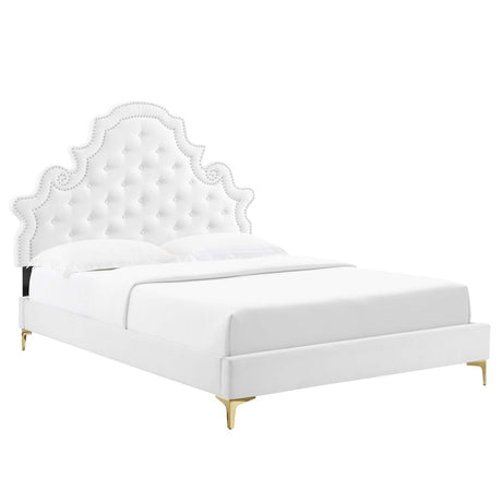 Button Tufted Performance Velvet Platform Bed with Nailhead Trim and Gold Metal Legs - Platform Bed available at Alpine Outlets in Denver