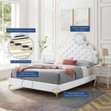 Button Tufted Performance Velvet Platform Bed with Nailhead Trim and Gold Metal Legs - Platform Bed available at Alpine Outlets in Denver