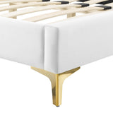 Button Tufted Performance Velvet Platform Bed with Nailhead Trim and Gold Metal Legs - Platform Bed available at Alpine Outlets in Denver