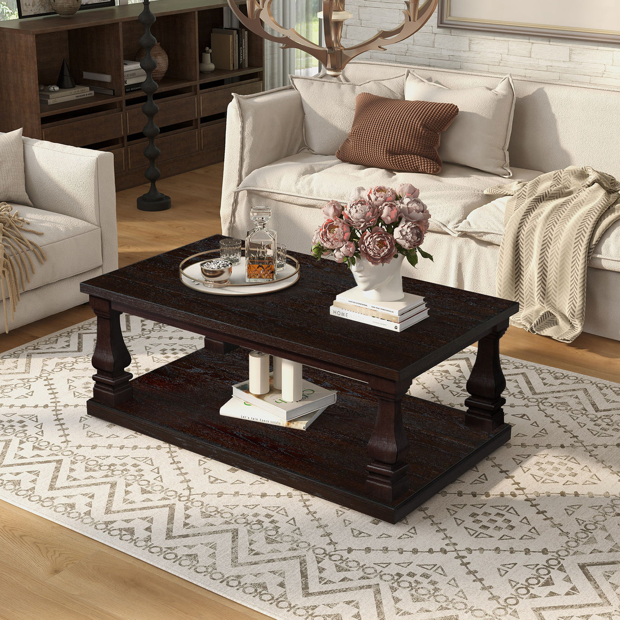 Rectangular Coffee Table With Open Storage Shelf For Living Room - Espresso