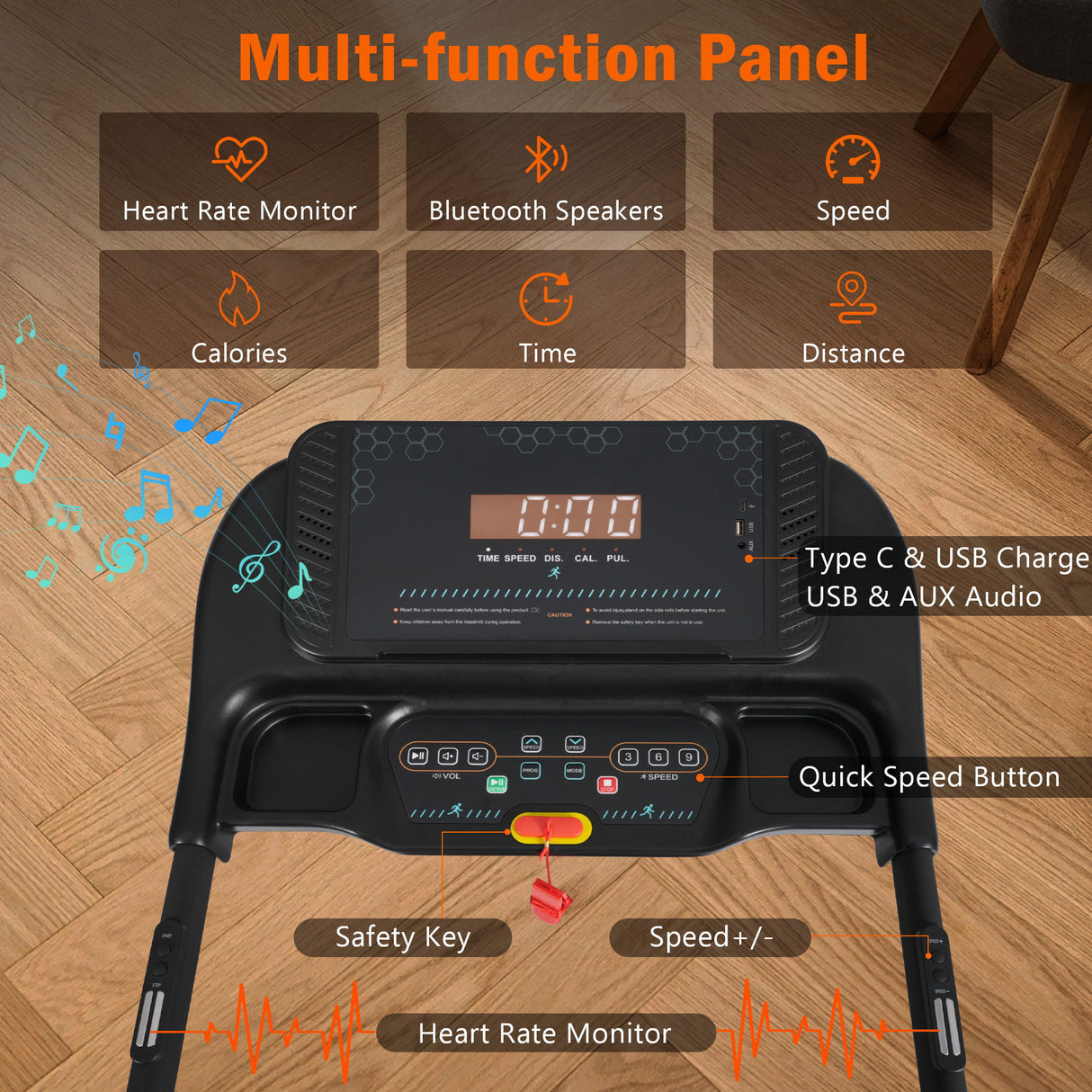 Incline Treadmill For Running & Walking, Hydraulic System Auto Folding With Type C & USB Charge For Android, 10Mph, Bluetooth Speaker - Black