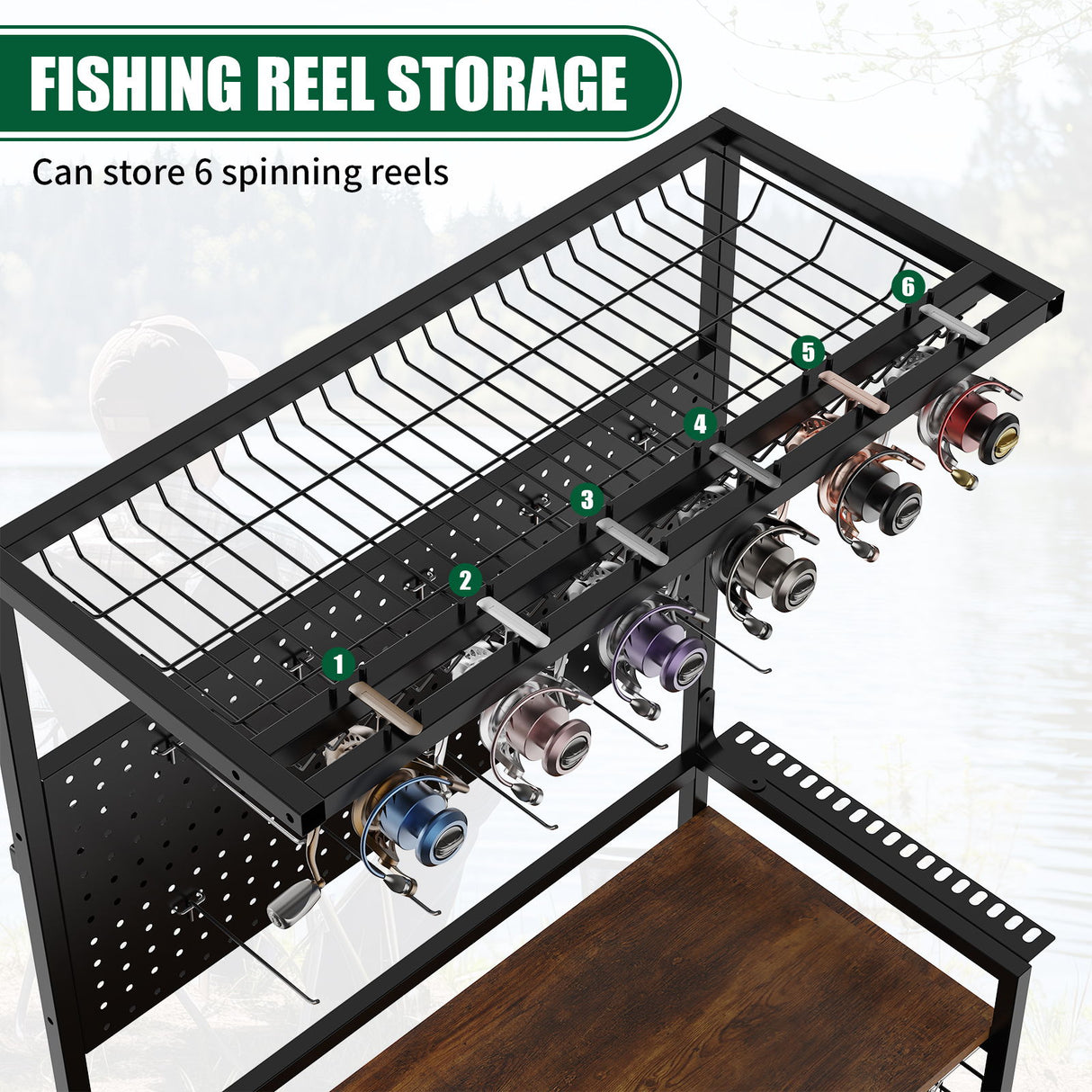 Fishing Rod Storage Rack With Pegboard, Rolling Tackle Organizer Cart - Black