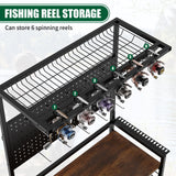 Fishing Rod Storage Rack With Pegboard, Rolling Tackle Organizer Cart - Black