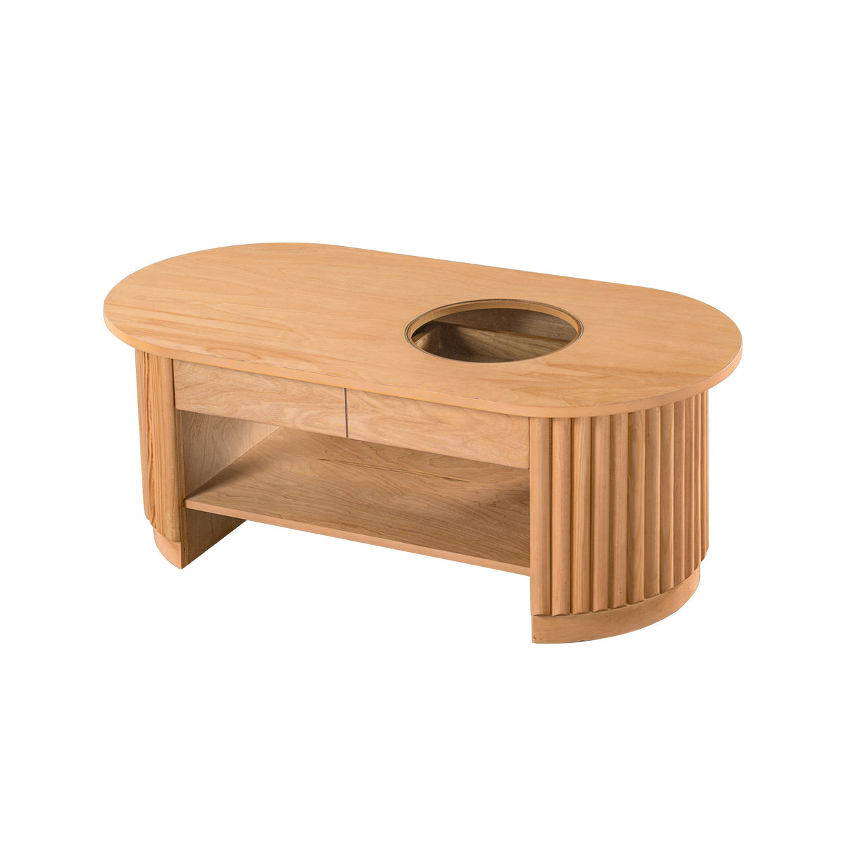 Fluted Oval Coffee Table With Drawers, 2 Tier Cocktail Table