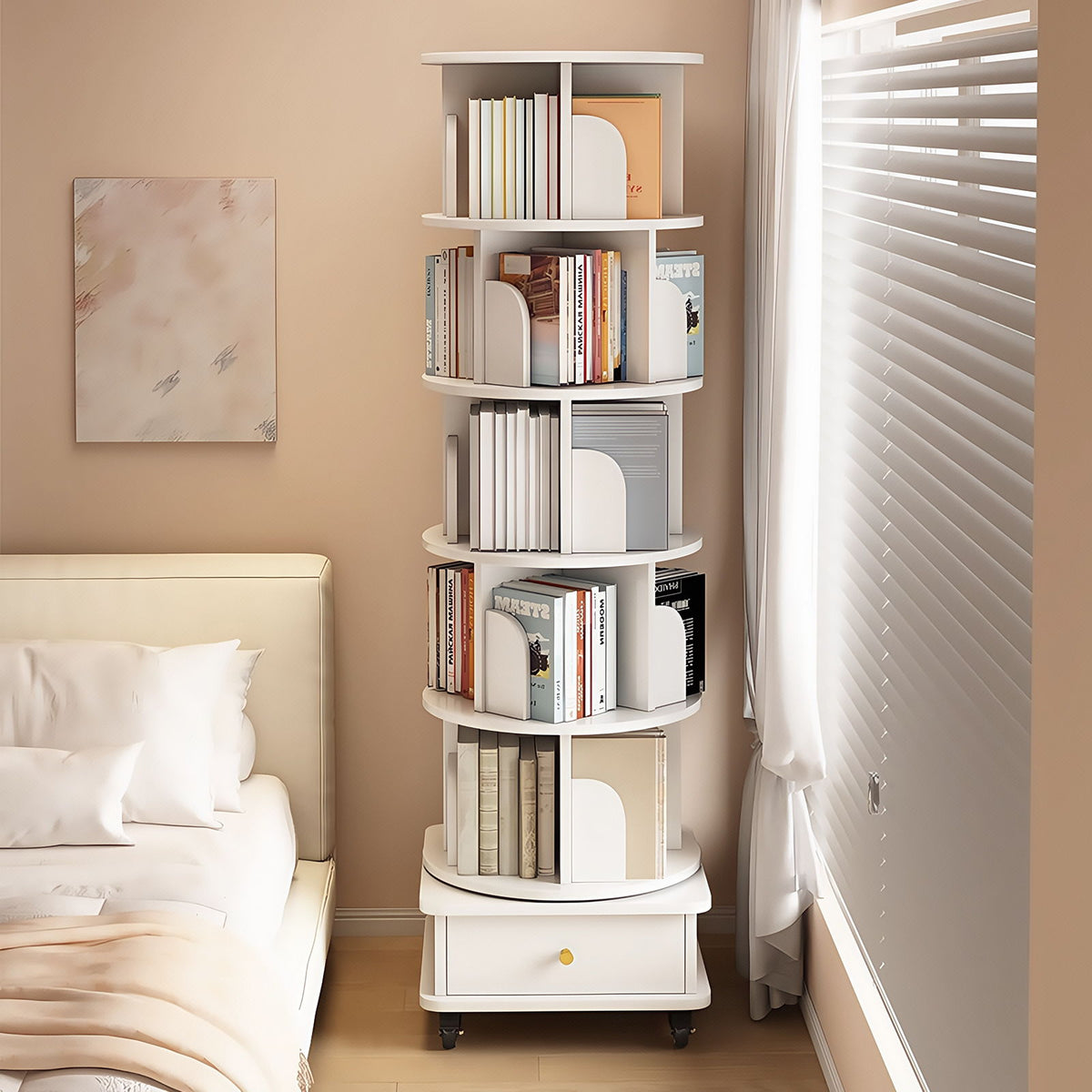 Rotating Bookshelf With Wheels And Drawer, 360° Spinning Design, Space Saving Storage