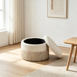 Round Storage Ottoman With Tassel, Decorative Accent Pouf For Living Room