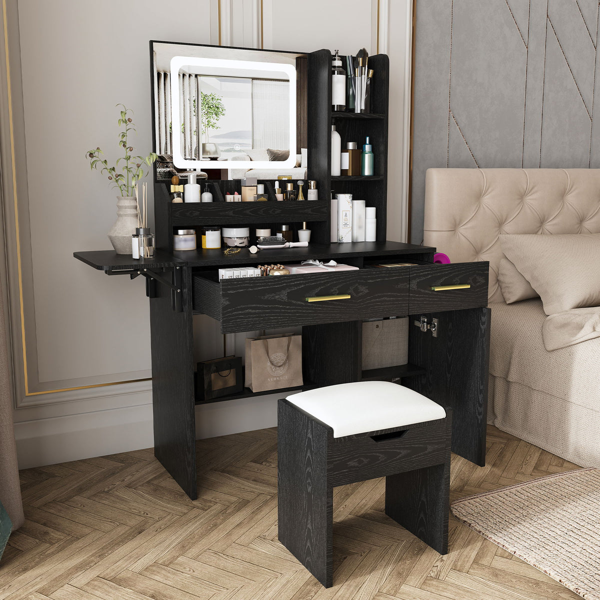 Vanity Desk With LED Mirror Lights And Charging Outlet