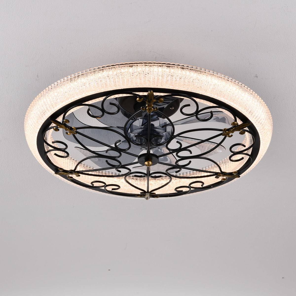 20" Caged Ceiling Fan With Remote Control And Crystal Sand Lampshade - Matte Black