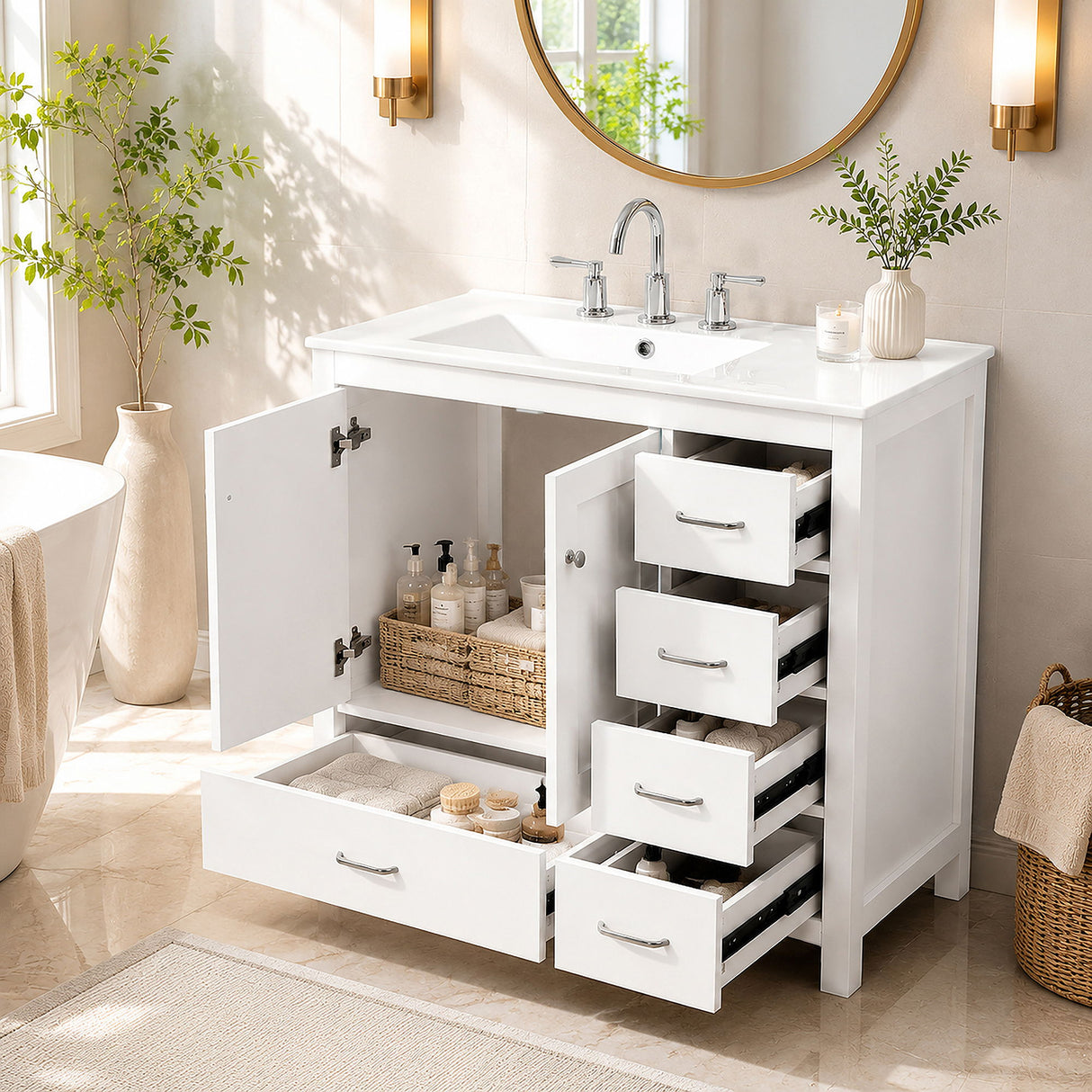 Bathroom Vanity With Sink Combo, 2 Soft Close Doors And 5 Drawers