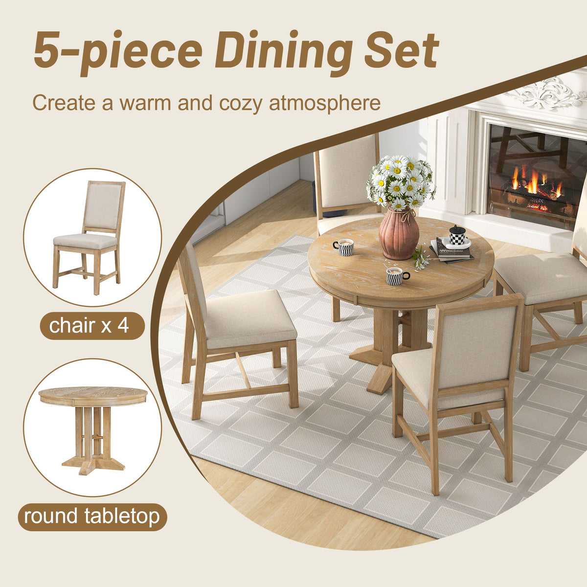 Dining Set & Extendable Round Table And 4 Upholstered Chairs