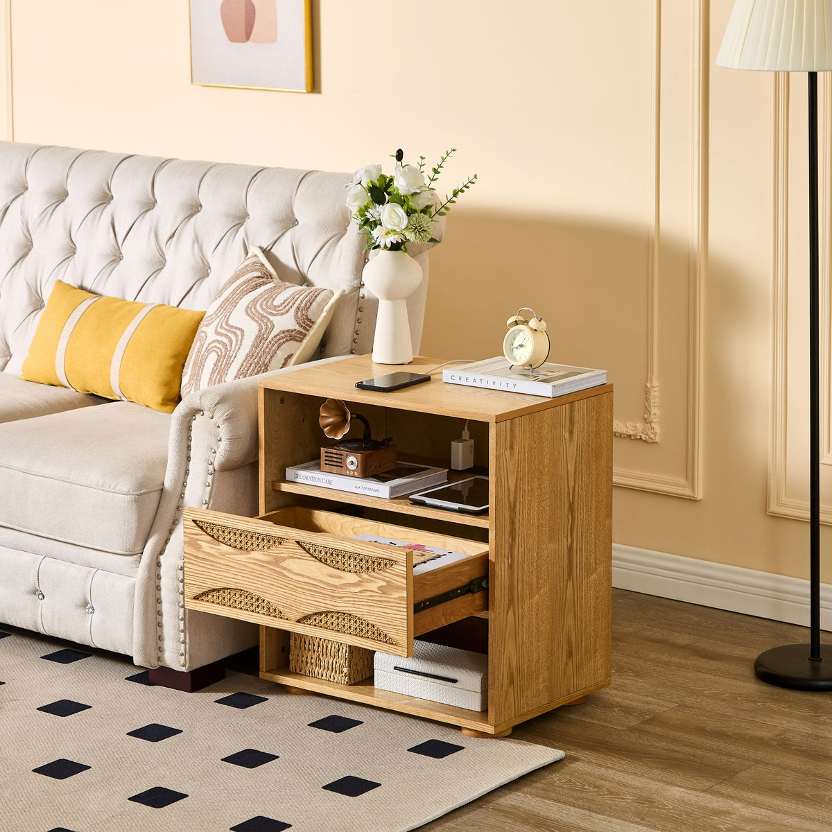 Nightstand With USB Ports & Outlet Hole, End Table With Drawer