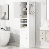 Tall Freestanding Bathroom Storage Cabinet With Adjustable Shelves And Side Hooks Board, Rectangle Design