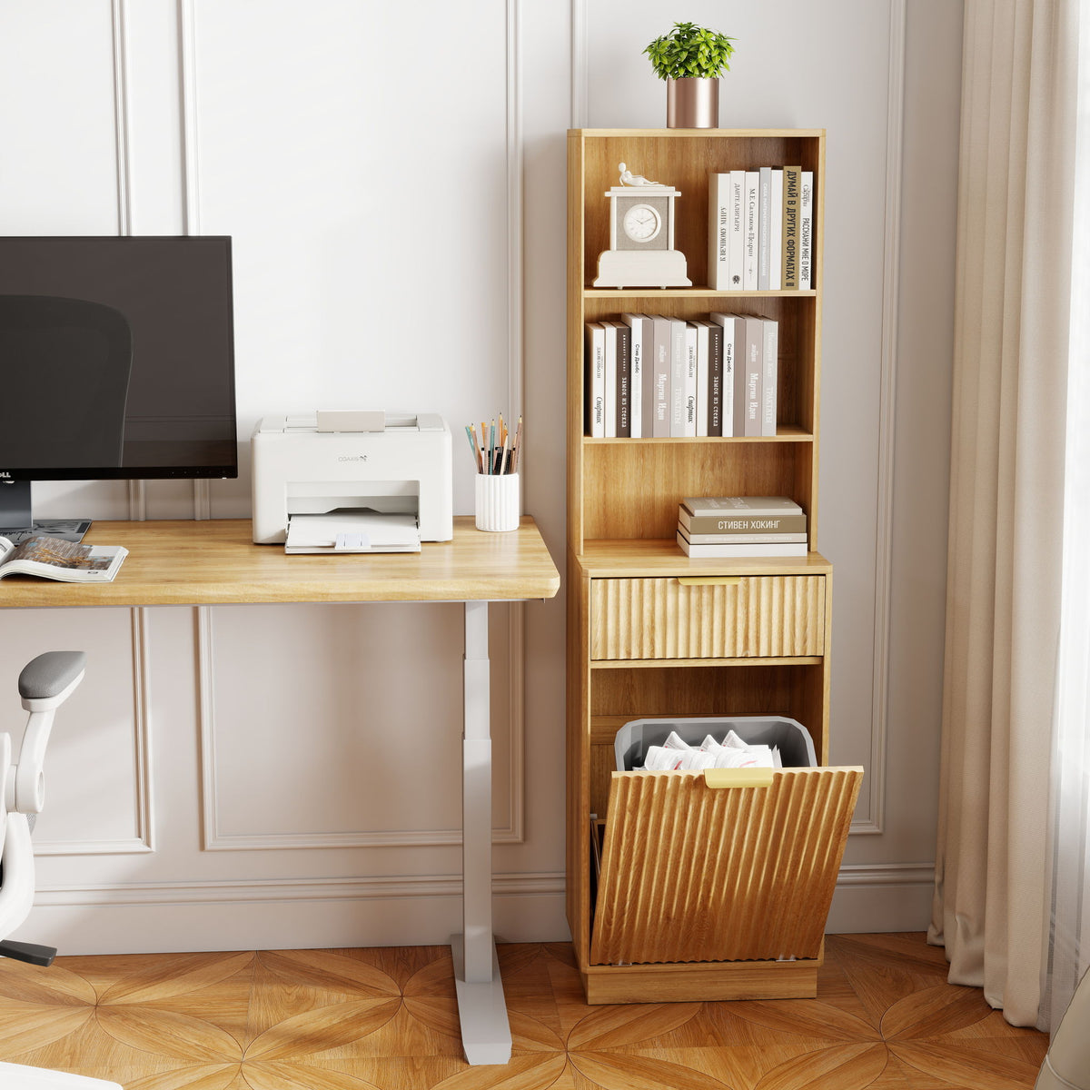 Tall Narrow Fluted Storage Cabinet With Trash Bin Compartment For Kitchen (Trash Can Not Included)