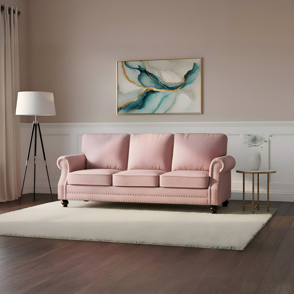 3 Seater Sofa With Nailhead Trim And Turned Legs For Living Room