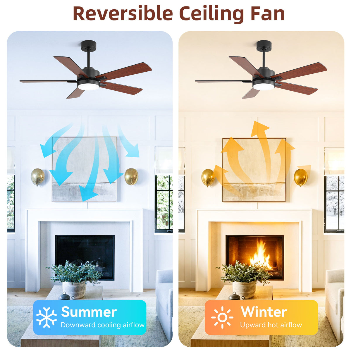 Reversible DC Motor Ceiling Fan With Dimmable LED Light For Living Room
