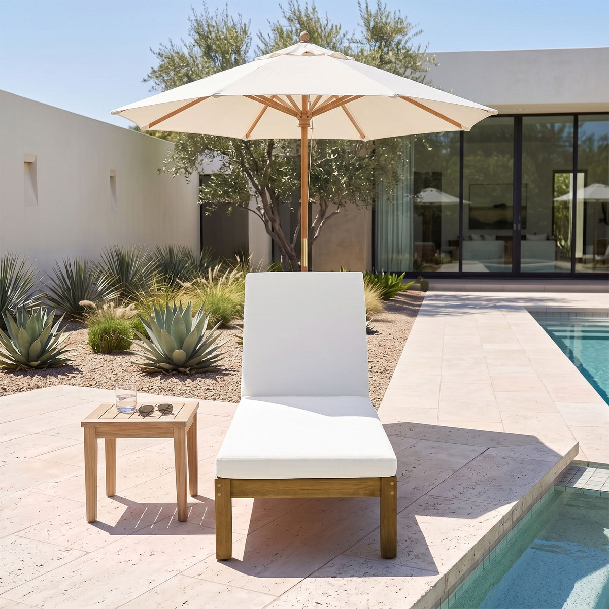 Adjustable Outdoor Patio Lounge Chair Chaise Lounge - Beige / Natural