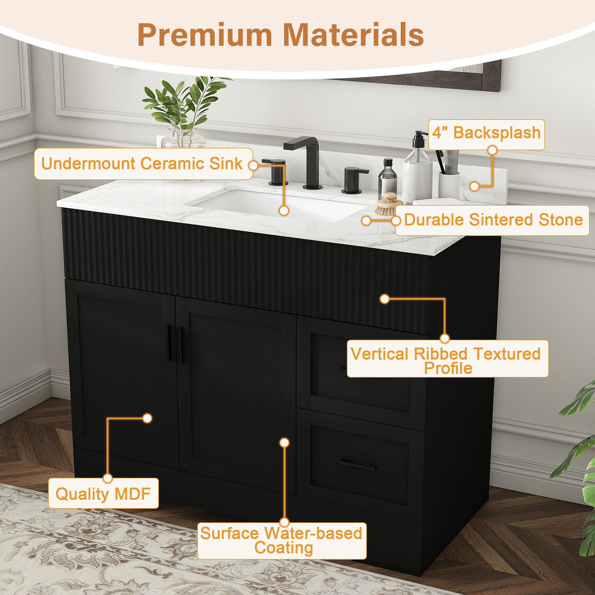 Bathroom Vanity Set, Fluted Cabinet, 3 Faucet Holes, Sink Included - Black