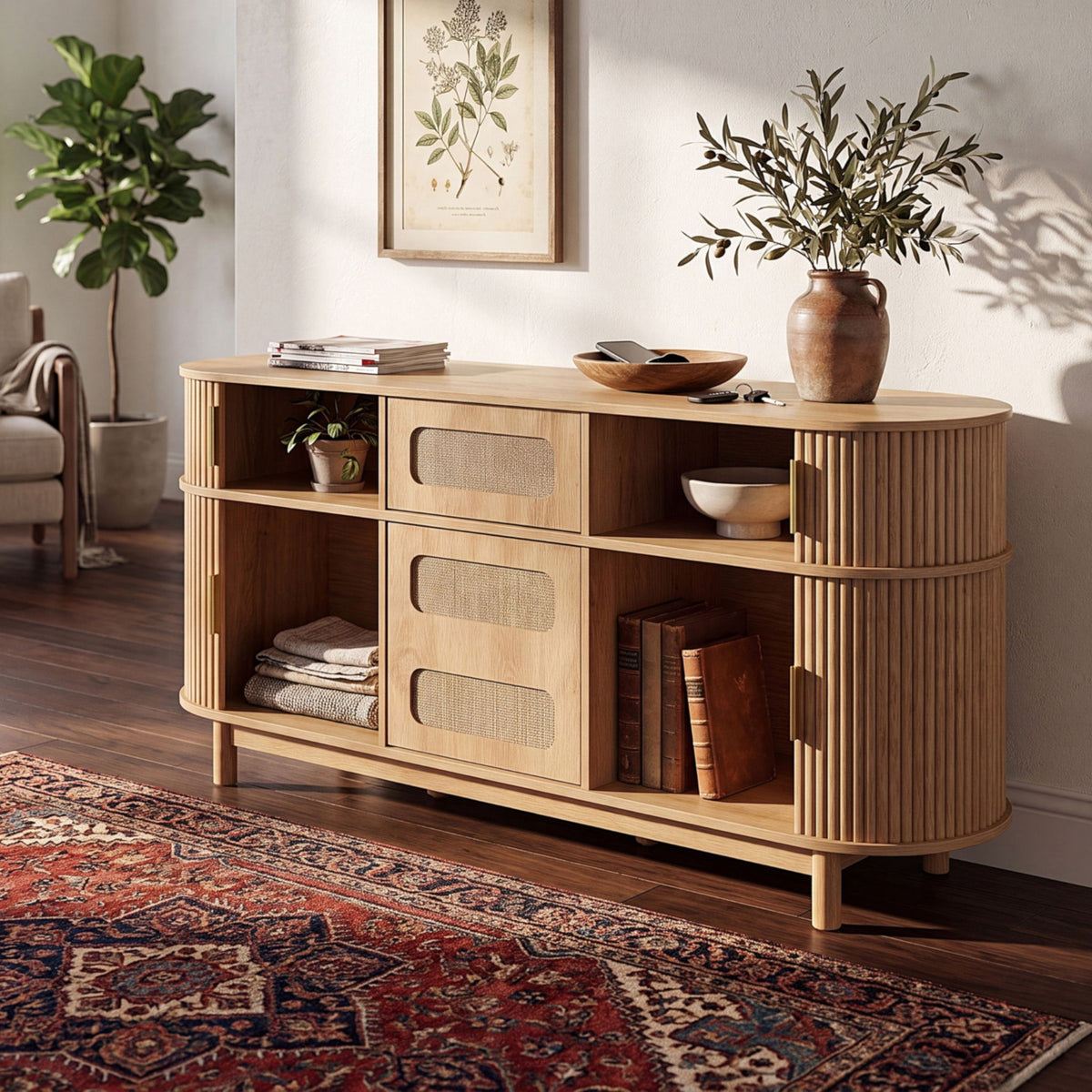 Fluted Sideboard Buffet Cabinet With Sliding Doors And Adjustable Shelves
