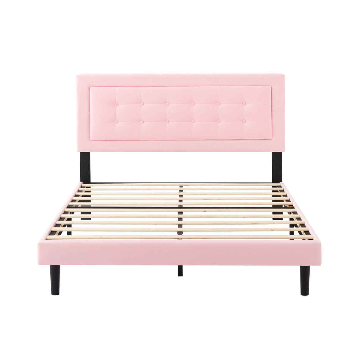 Queen Size, Upholstered Platform Bed With Slats - Pink