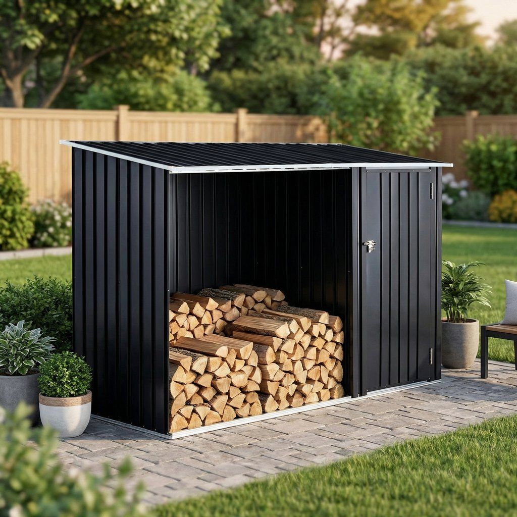 Firewood Storage Shed Outdoor Log Shelter Galvanized Steel 98x64in Black